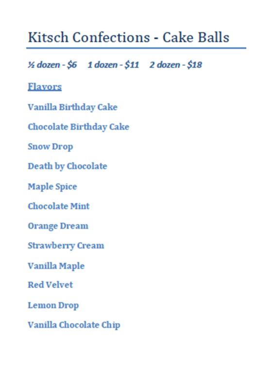 Kitsch Confections Cake Ball Menu