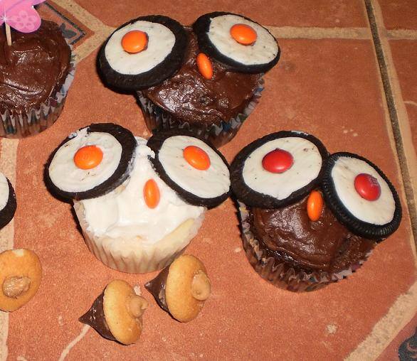 Kitsch Confections - Chocolate and white cupcake owls with candy acorns are a big hit at kids' outdoor themed parties and events