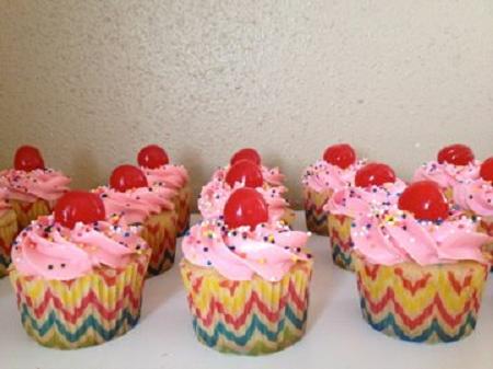 Kitsch Confections - Festive pink cupcakes, each complete with sprinkles and a cherry on top